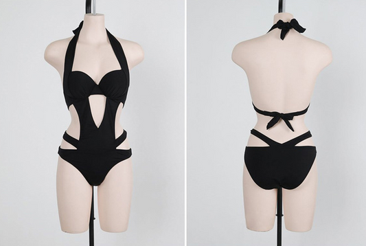 Black Halter Cut-Out Monokini — Women's Push Up One Piece Swimsuit